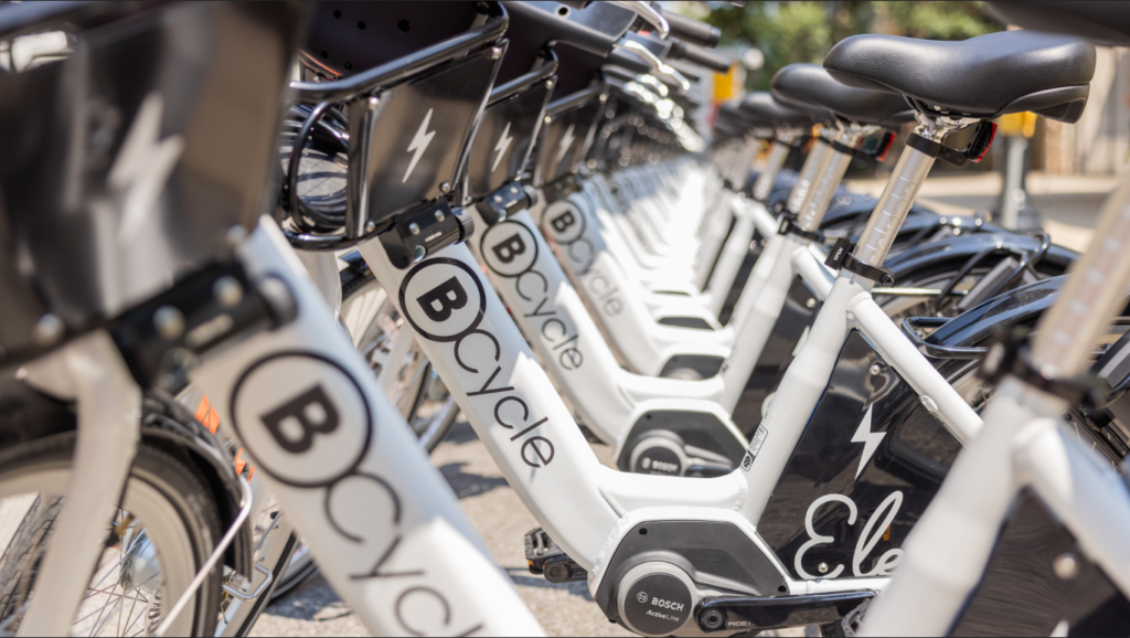 row of bike share bicycles, BCycle